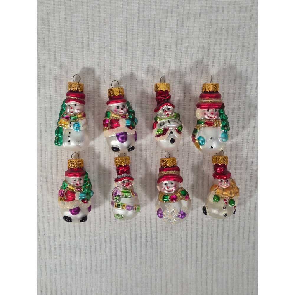 Vtg Miniature Glass Snowman Christmas Ornaments Set of 8 Glitter Multi Color